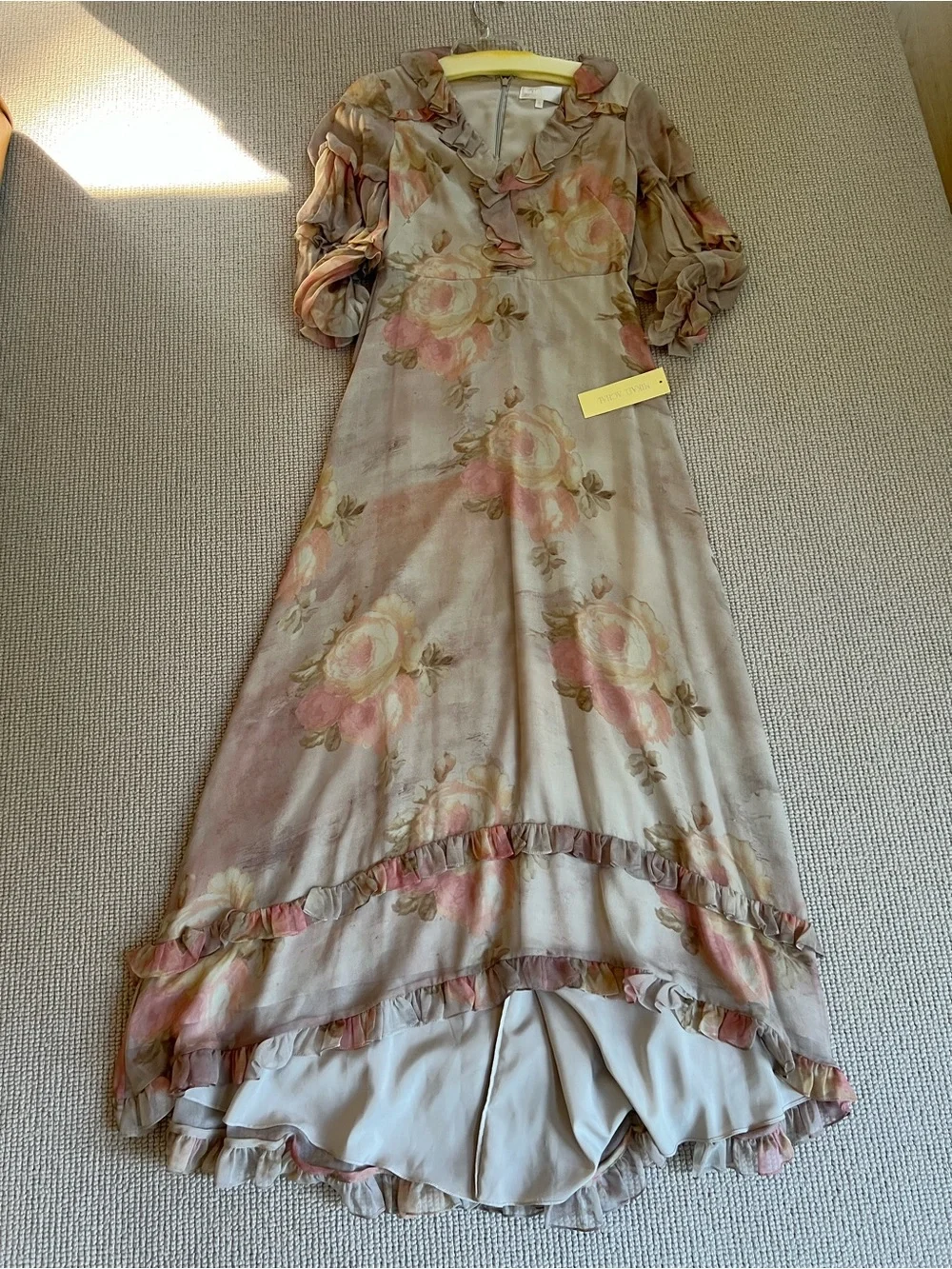 Mikael Aghal Silk Floral Ruffle Maxi Dress in Soft Taupe and Blush